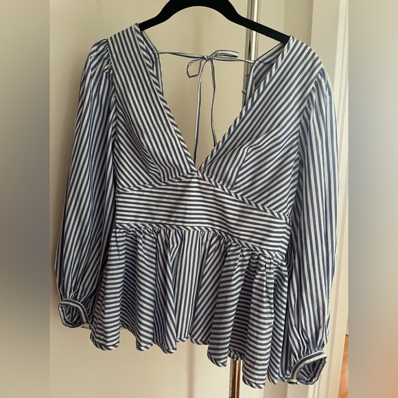 STAUD Luna puff sleeve peplum top blue stripe 0 - Picture 3 of 6